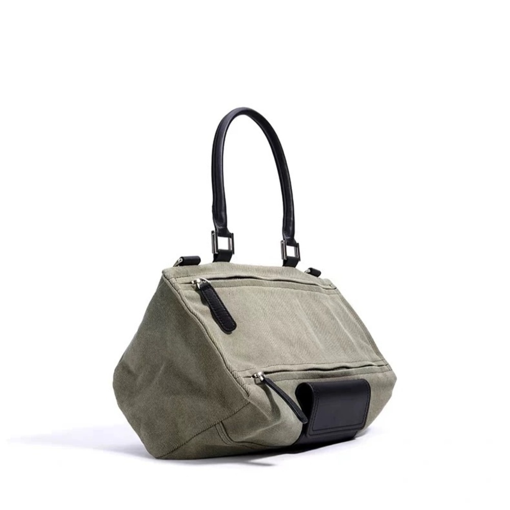 Designer structured nylon tote with leather handles and double zip pockets